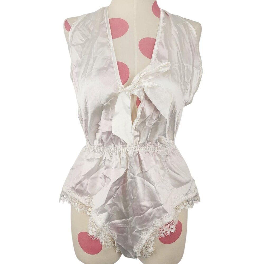 Avidlove White Eyelash Lace Trim Sexy Plunge Teddy Small Halter Cotton Blend
